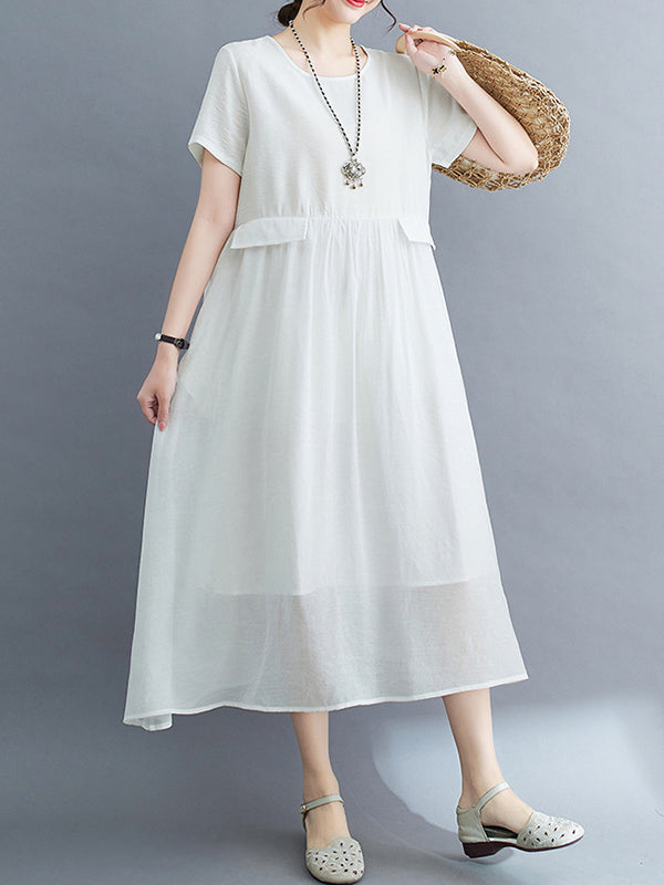 Gauze Solid Color Split-Joint Loose Short Sleeves Round-neck Midi Dresses