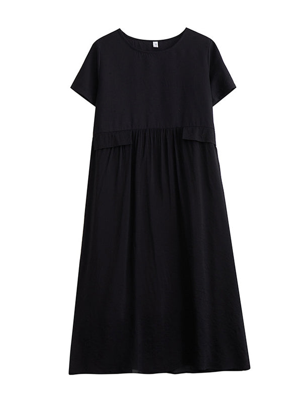 Gauze Solid Color Split-Joint Loose Short Sleeves Round-neck Midi Dresses