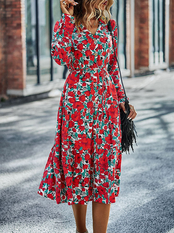 Bohemia Long Sleeves Floral Printed V-Neck Dress