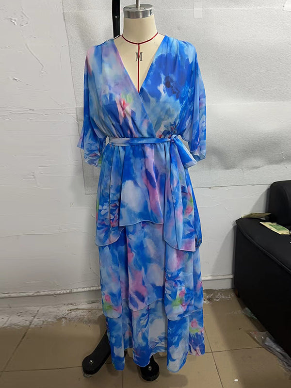 Flower Printed Gradient Ruffled Half Sleeves Maxi Dresses