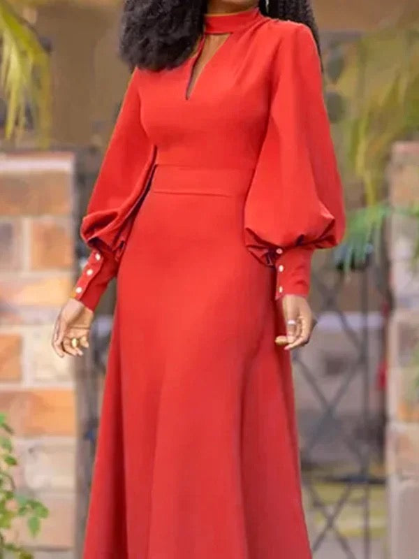 Buttoned Hollow Solid Color Split-Joint Long Sleeves Loose Round-Neck Maxi Dresses