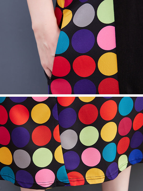 Multi-Colored Polka-Dot Split-Joint Loose Short Sleeves Round-Neck Midi Dresses