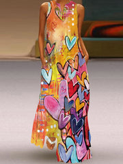 Heart Print A-line Loose Round-neck Maxi Dresses