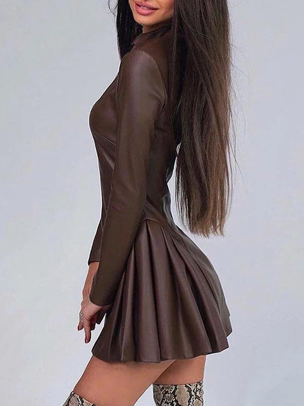 Pleated Split-Joint Zipper Long Sleeves Skinny Stand Collar Mini Dresses