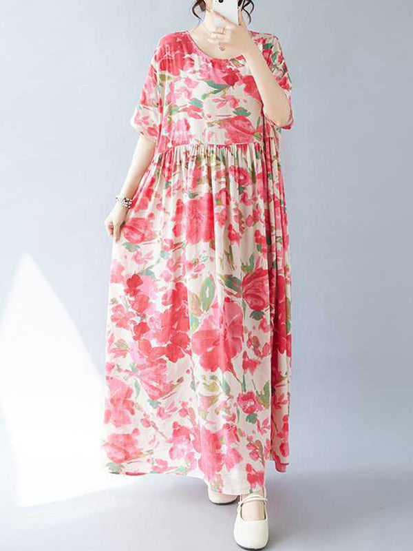 Flower Print Pleated Split-Joint A-line Batwing Sleeves Round-neck Midi Dresses