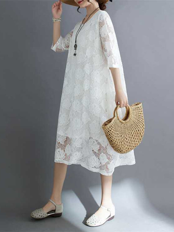 Hollow Solid Color Half Sleeves Loose Round-Neck Midi Dresses