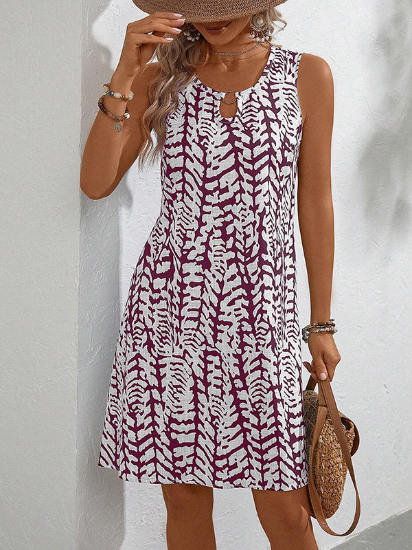 Hollow Printed A-line Loose U-neck Mini Dresses