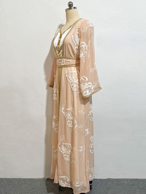 Vacation Loose Long Sleeves Embroidered Solid Color Round-Neck Dress