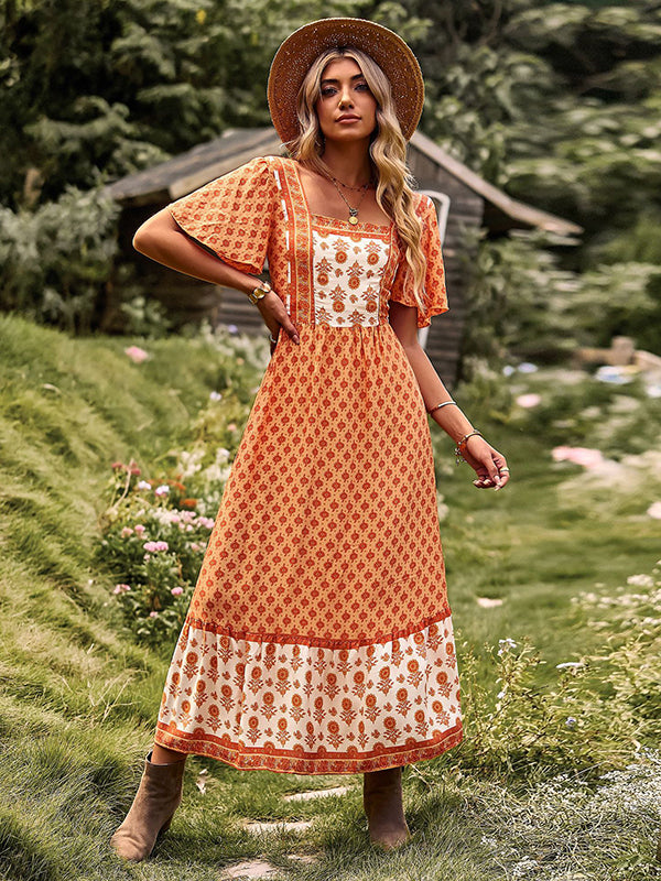 Bohemia Flared Sleeves Loose Floral Printed U-Neck Maxi Dress
