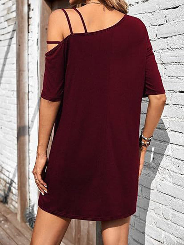 Asymmetric Solid Color Loose Short Sleeves One-shoulder Mini Dresses