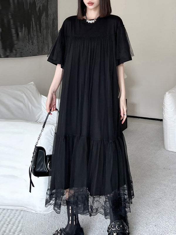 Gauze Pleated Solid Color Split-Joint Tiered Fake Two-Piece Loose Round-Neck Midi Dresses