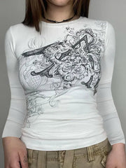 Vintage White Graphic Printed Slim Top