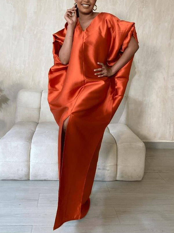 Elasticity Pleated Solid Color Split-Front Half Sleeves Loose V-Neck Maxi Dresses