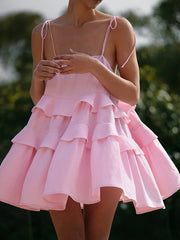 Backless Layered Pleated Solid Color A-Line High Waisted Spaghetti-Neck Mini Dresses