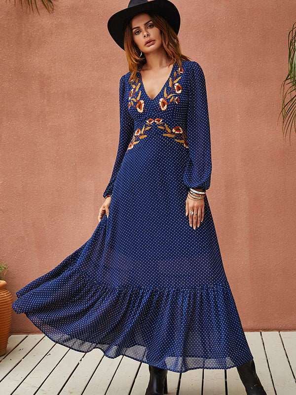 Vacation Polka-Dot Embroidered V-Neck Maxi Dress