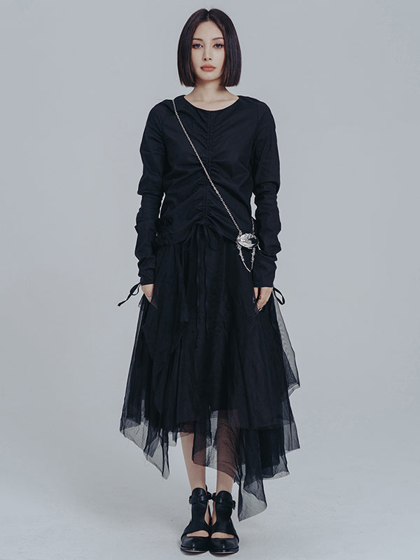 Urban Drawstring Long Sleeves Black Gauze Midi Dress