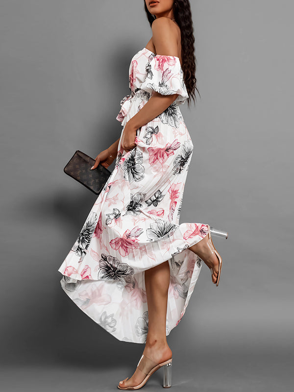Elasticity Flower Print Pleated Split-Joint Tied Waist A-Line Loose Off-The-Shoulder Maxi Dresses