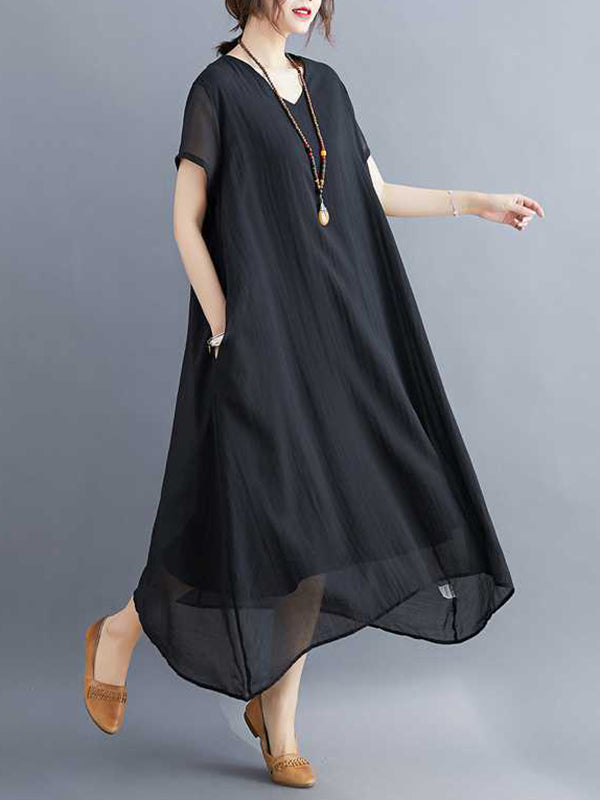 Solid Color A-Line Loose V-Neck Midi Dresses