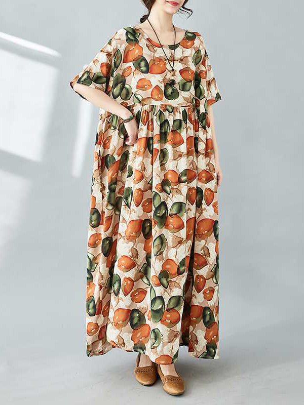 Pleated Printed Split-Joint Half Sleeves Loose Round-Neck Midi Dresses