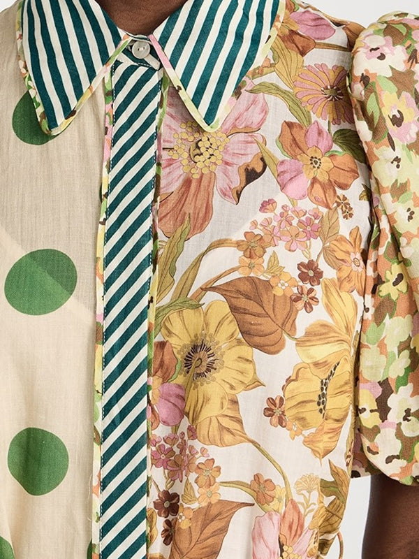 Short Sleeves Flower Print Patchwork Lapel Collar Maxi Dresses