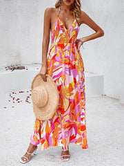 Backless Elasticity Pleated Printed Split-Side Tied High Waisted Sleeveless Halter-Neck Maxi Dresses