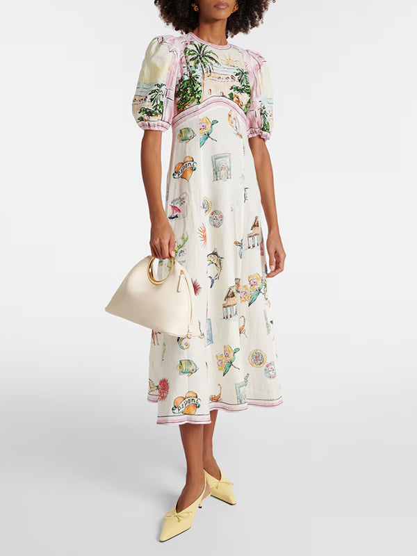 Puff Sleeves Short Sleeves Flower Print Round-Neck Maxi Dresse