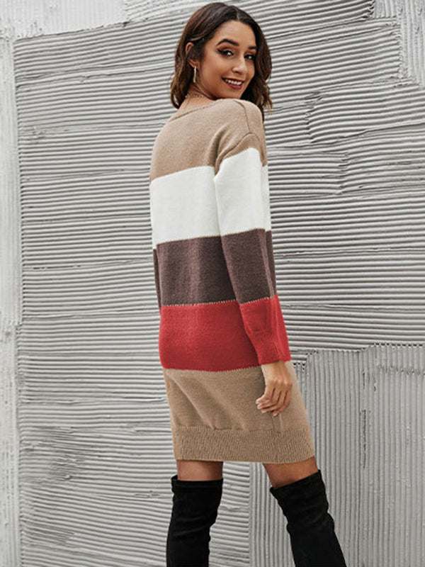 Casual Long Sleeves Contrast Color Round-Neck Sweater Dresses