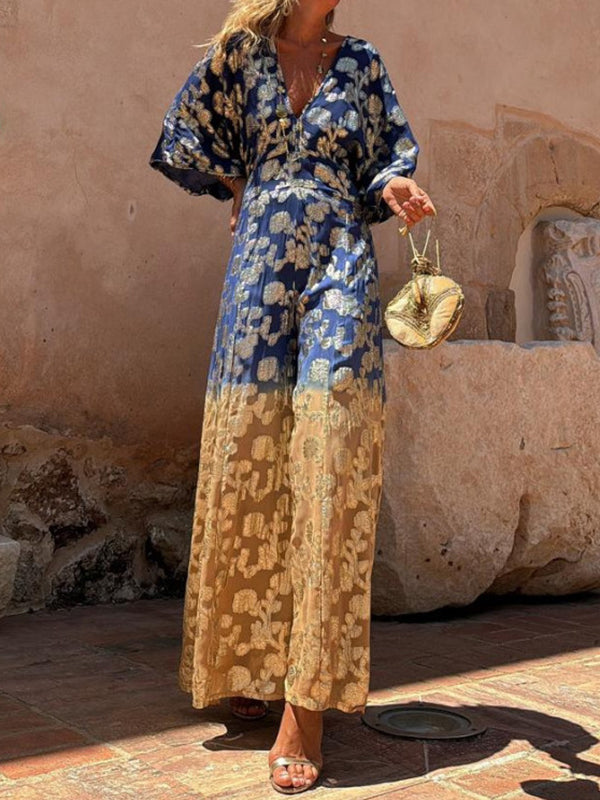 Flower Printed Gradient Color Half Sleeves Bohemia Maxi Dresses