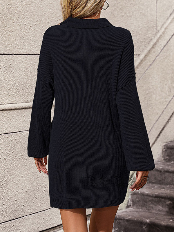 Split-Joint Loose Puff Sleeves Lapel Sweater Dresses Mini Dresses