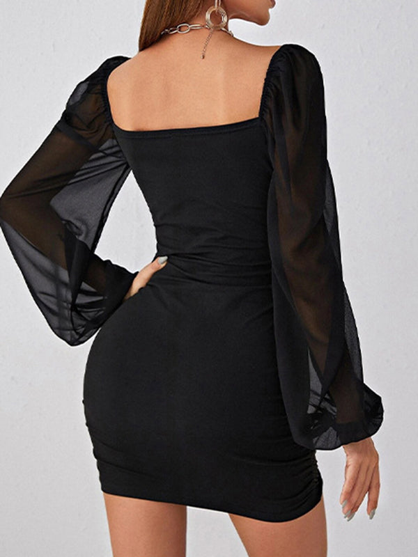 Gauze Pleated See-Through Solid Color Split-Joint Loose Puff Sleeves Square-Neck Mini Dresses Evening Dresses