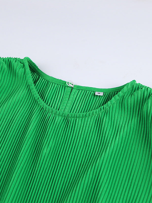 High-Waisted Pleated Solid Color Zipper A-line Flared Sleeves Round-neck Mini Dresses