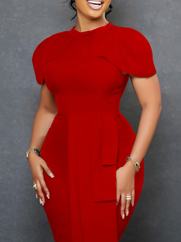 Pleated Solid Color Split-back Split-front Split-Joint Short Sleeves Skinny Round-neck Midi Dresses
