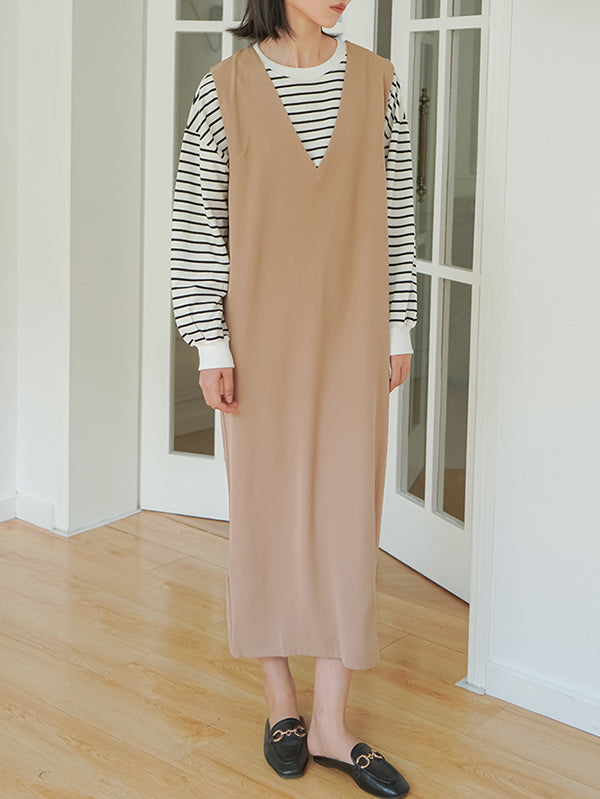 Casual A-Line Sleeveless Solid Color V-Neck Midi Dresses
