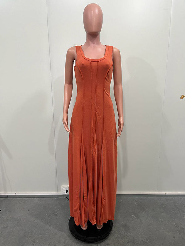 Solid Color Split-Joint Plus Size Sleeveless U-neck Maxi Dresses