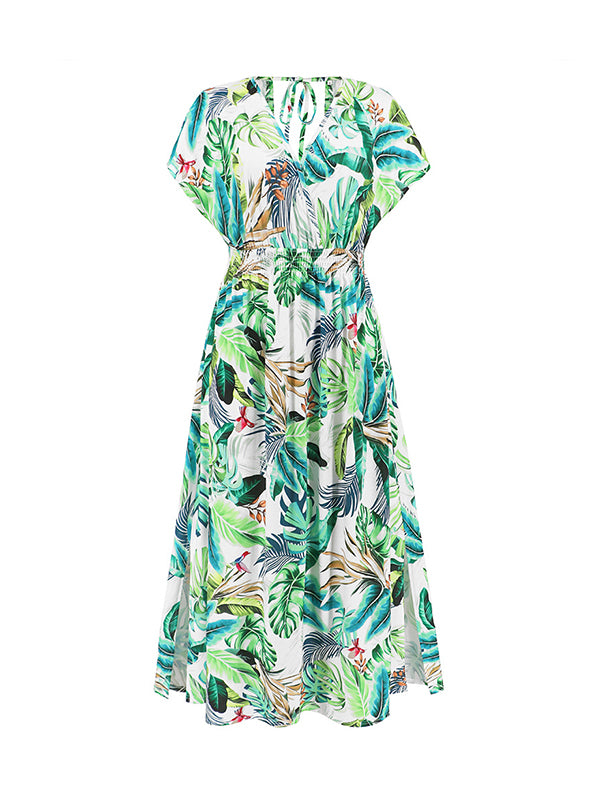 Hollow Lace-Up Printed Split-Joint Loose Short Sleeves V-Neck Midi Dresses