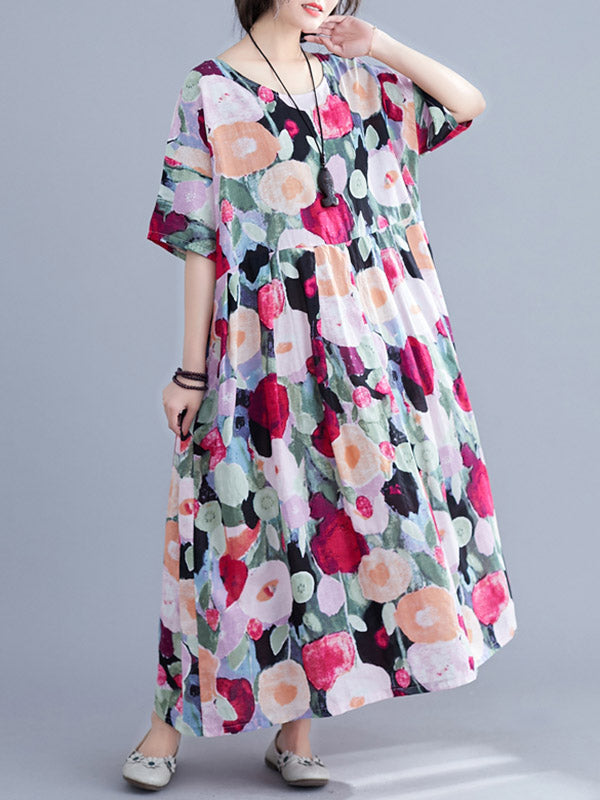Original Floral Round-Neck Dresses