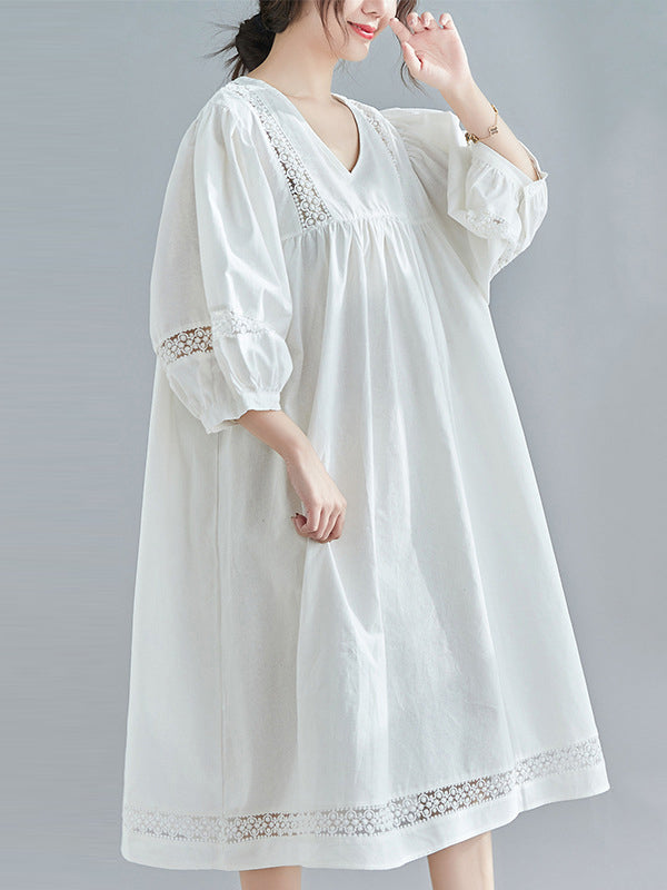 Vintage Hollow Split-Joint Loose Bishop Sleeve Midi Dress