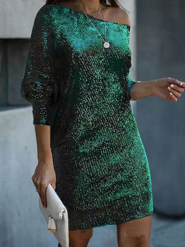 Asymmetric Sequined Solid Color A-line Loose One-shoulder Short Dresses Mini Dresses