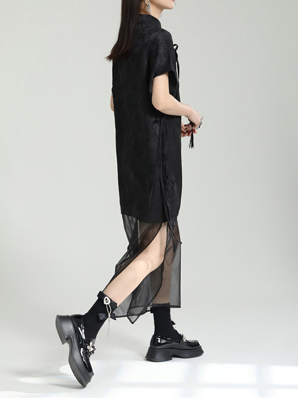 Gauze Jacquard Solid Color False Two Short Sleeves Stand Collar Midi Dresses Long Cheongsams