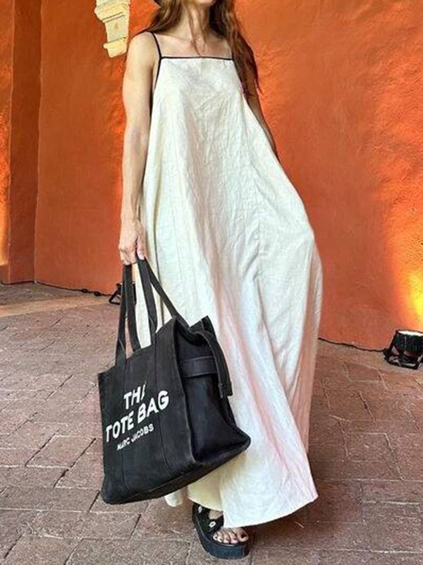 Split-Joint A-Line Loose Spaghetti-Neck Maxi Dresses