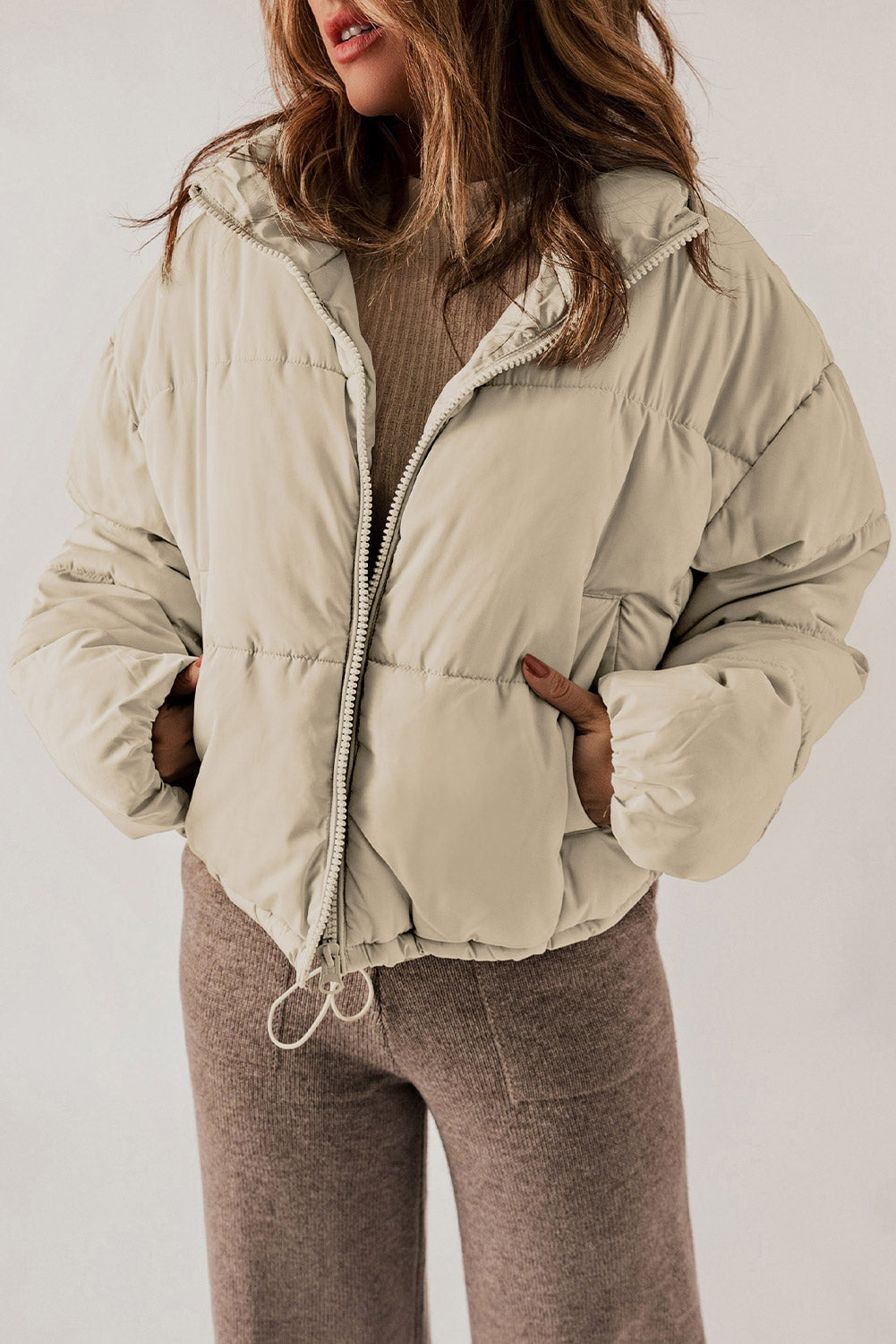 Zip Up Drawstring  Puffer Coat