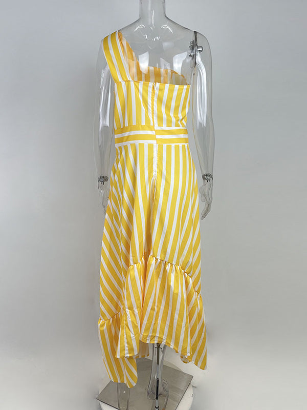 Asymmetric Hollow Pleated Pockets Split-Joint Striped Zipper High Waisted Loose One-Shoulder Midi Dresses