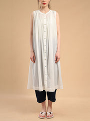 Pleated See-Through Loose Sleeveless Round-Neck Midi Dresses