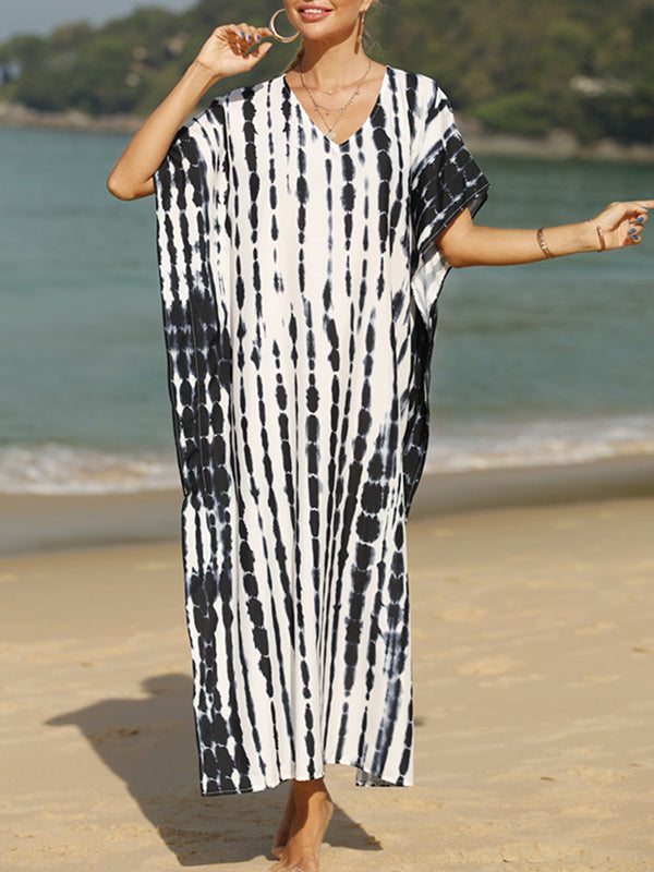 Printed Split-Side Sun Protection Loose Short Sleeves V-Neck Maxi Dresses