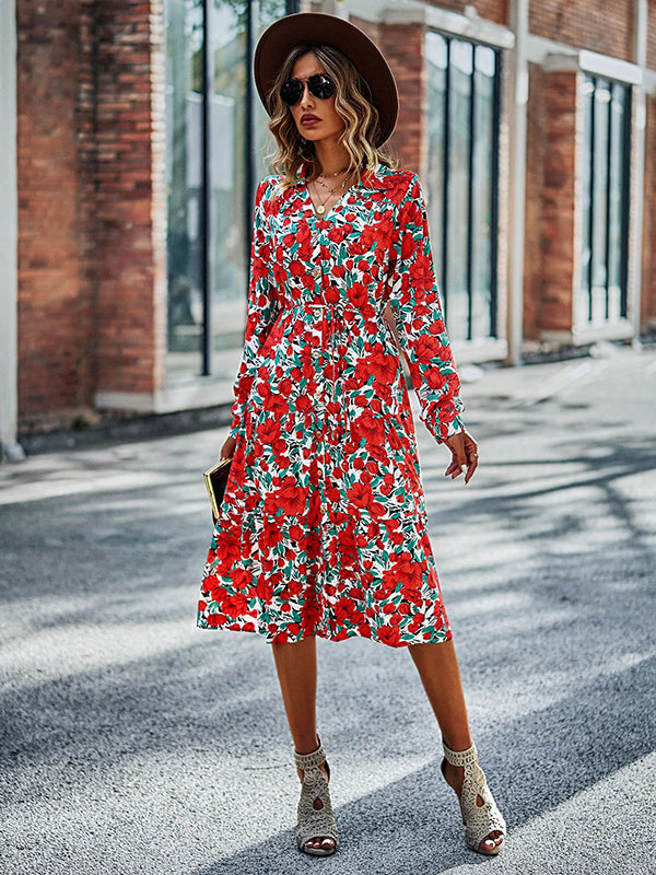 Bohemia Long Sleeves Floral Printed V-Neck Dress