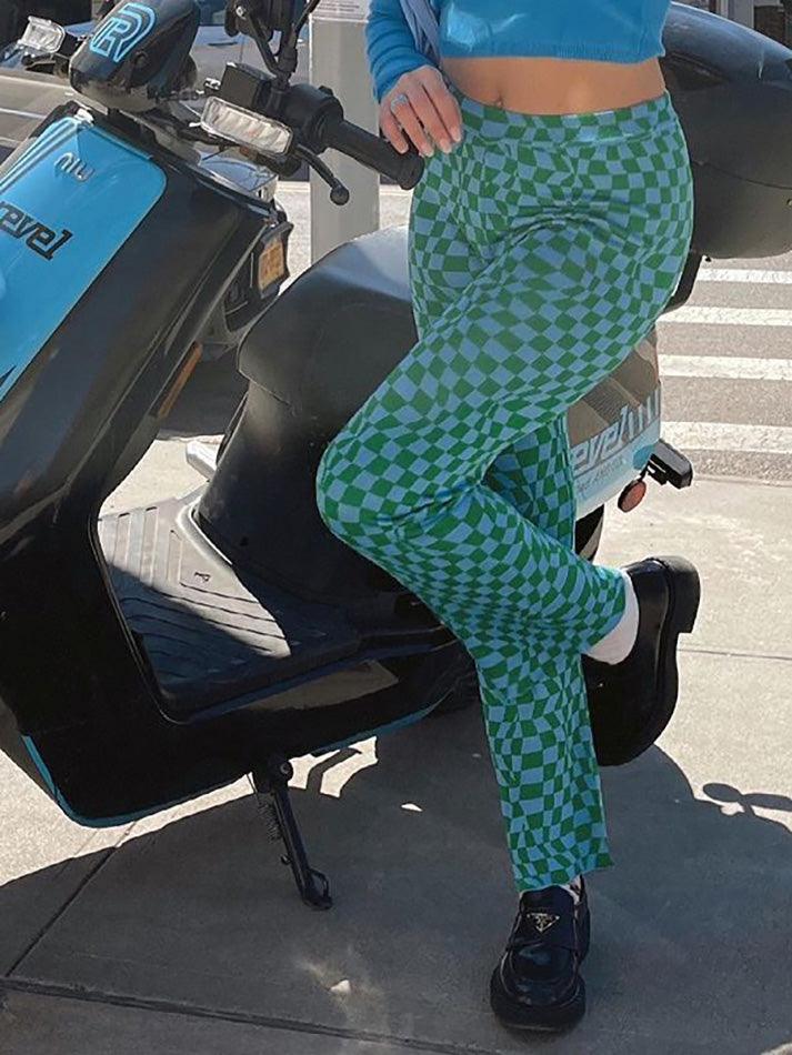 Psychedelic Checkerboard Print Wide-Leg Pants