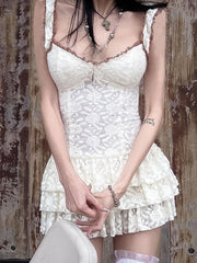 Elegant White Corset Lace Ruched Dress