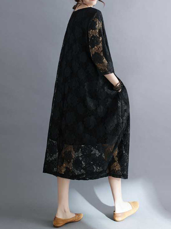 Hollow Solid Color Half Sleeves Loose Round-Neck Midi Dresses