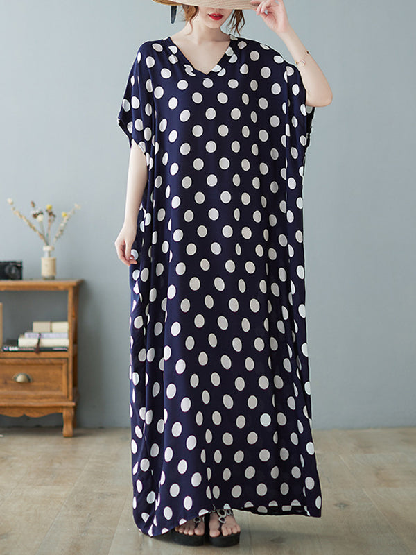 Urban Loose Batwing Sleeves Polka-Dot Printed A-Line Maxi Dress
