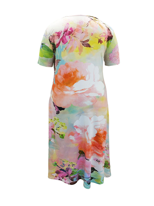 Flower Print Pockets A-Line Loose Round-Neck Midi Dresses